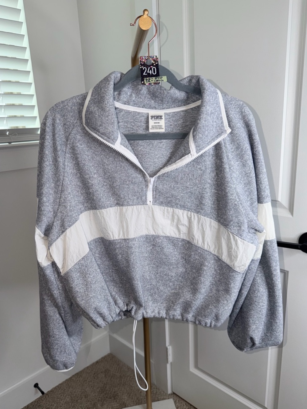 240. PINK Grey Half-Zip Pullover with White Trim